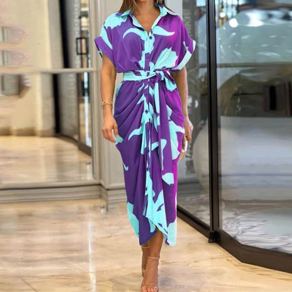šCasual Lapel Neck Waist Print Shirt Dress