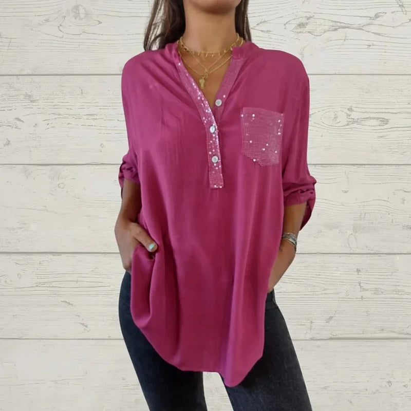 ⏳Limited Sale 39% OFF🌸Women's Sequin Patchwork V-neck Shirt