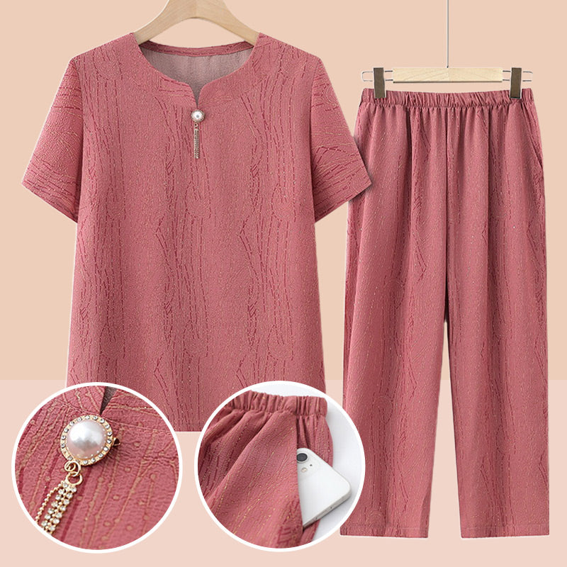 🎁Short Sleeve Top Elastic Waistband Pants Casual 2 Piece Set