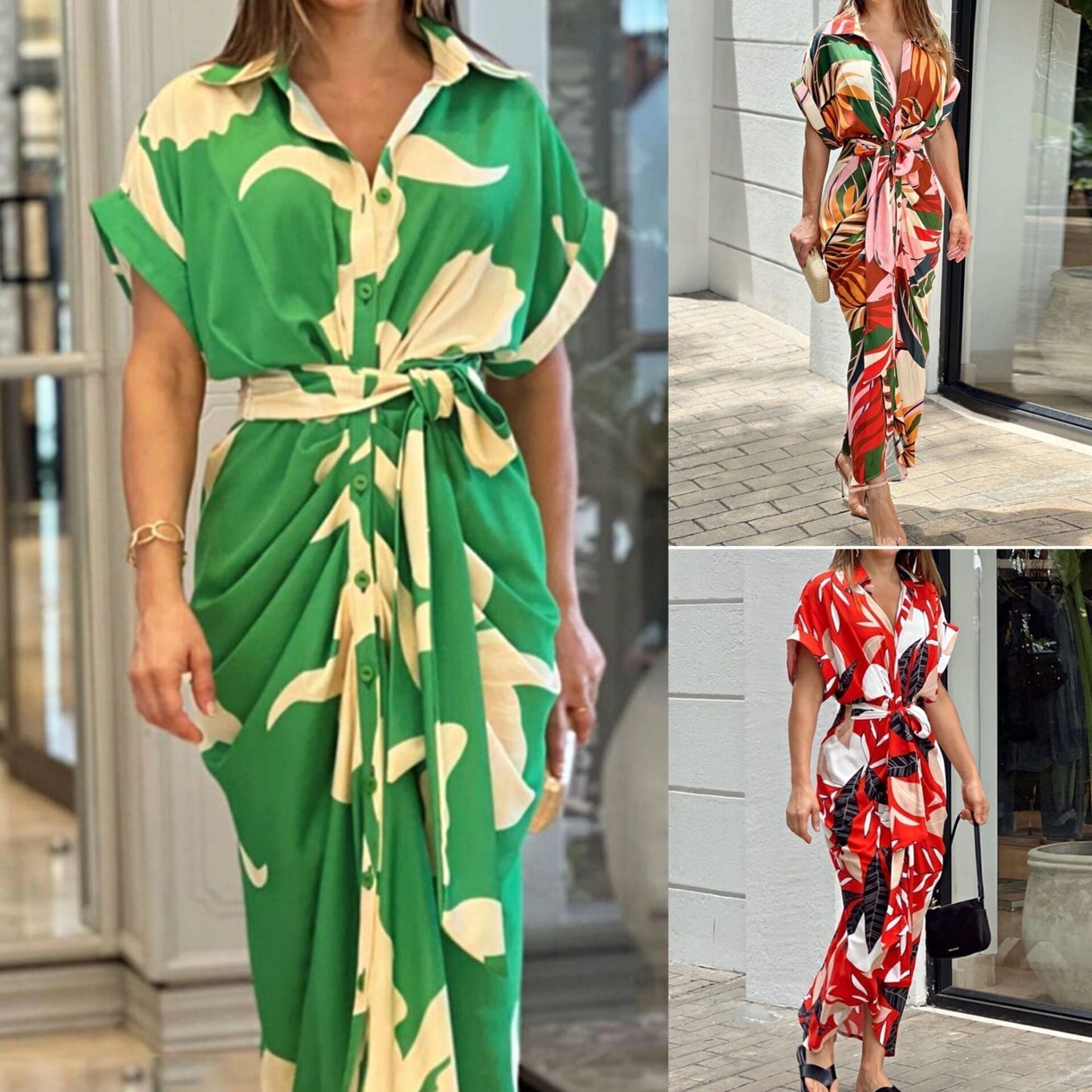 šCasual Lapel Neck Waist Print Shirt Dress