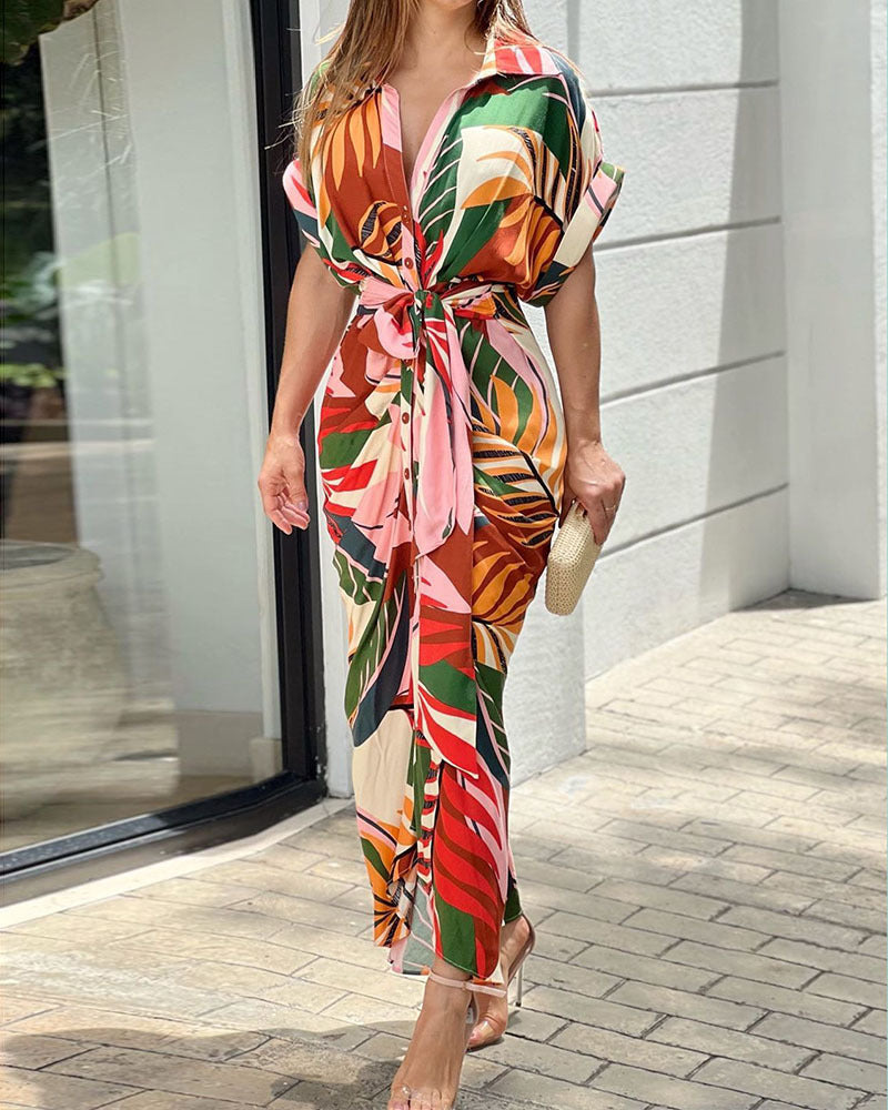 šCasual Lapel Neck Waist Print Shirt Dress