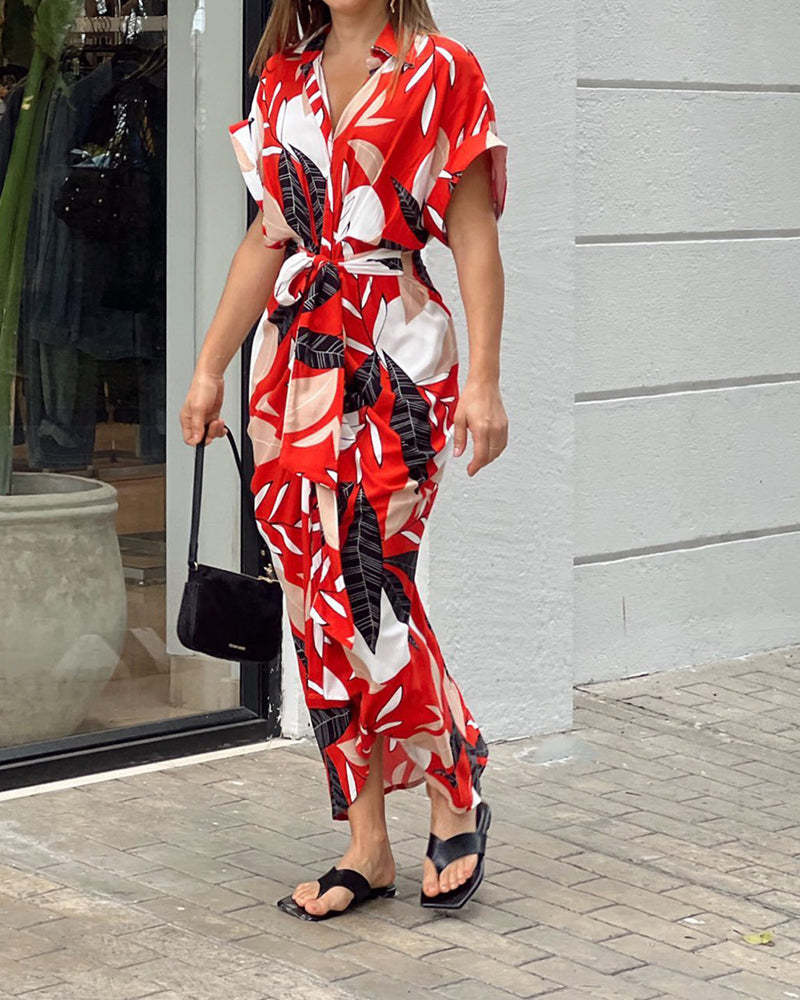 šCasual Lapel Neck Waist Print Shirt Dress