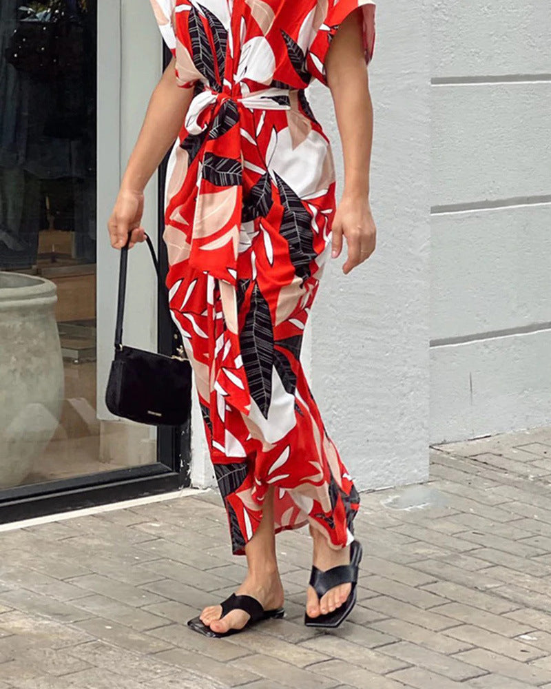 šCasual Lapel Neck Waist Print Shirt Dress