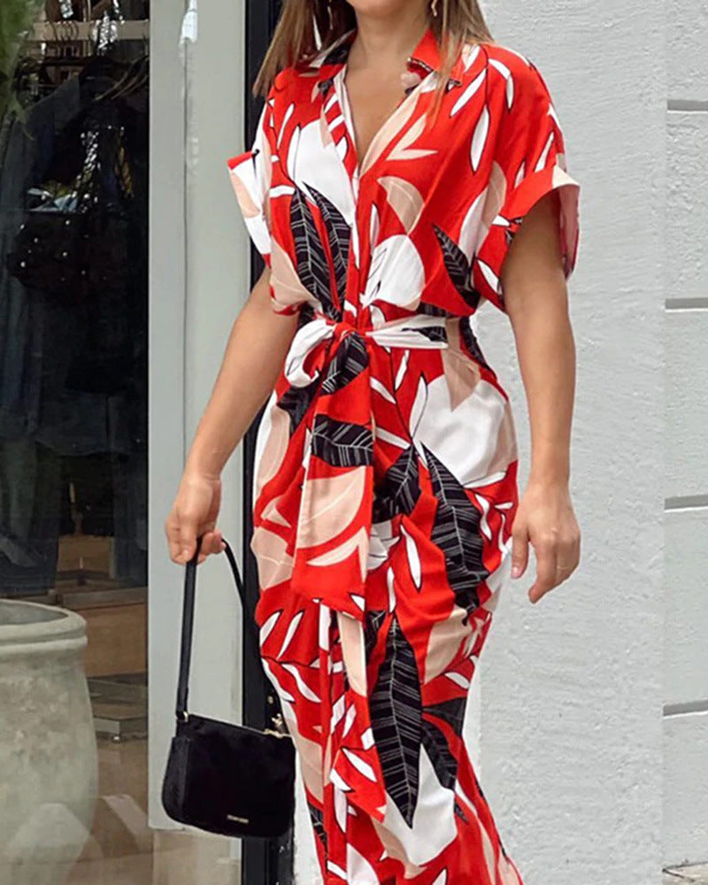 šCasual Lapel Neck Waist Print Shirt Dress