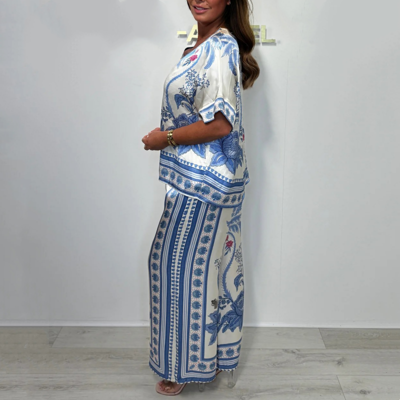 Women’s Elegant Printed V-Neck Tops & Pants 2-Piece Set