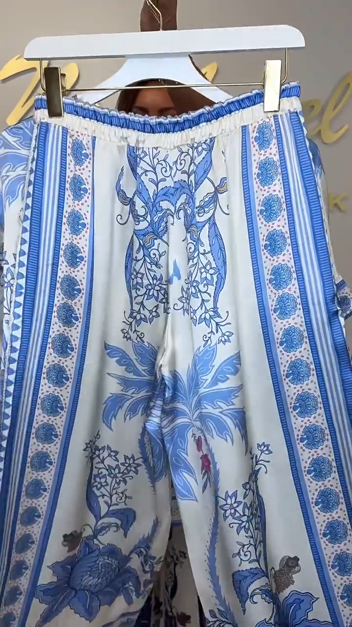 Women’s Elegant Printed V-Neck Tops & Pants 2-Piece Set