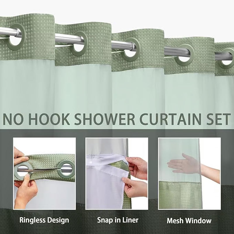 ✨ Waffle Pattern Shower Curtain – Double Waterproof, Snap Buttons, Clear Top Window 🛁
