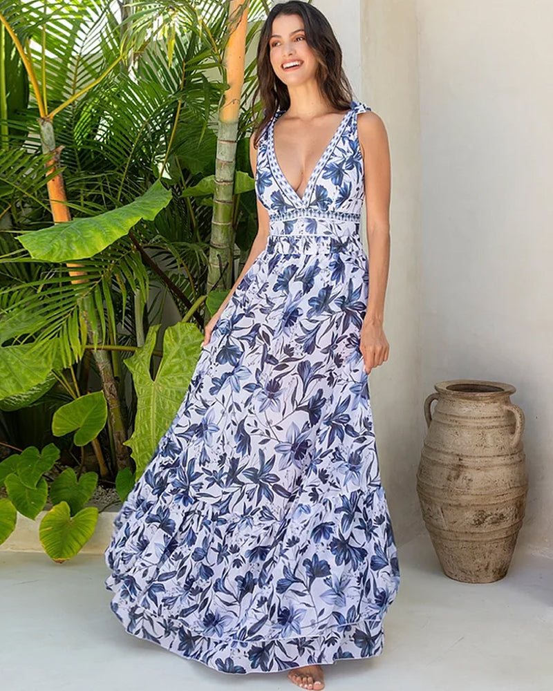 š©±V Neck Lace Up Printed One Piece Swimsuit and Skirt