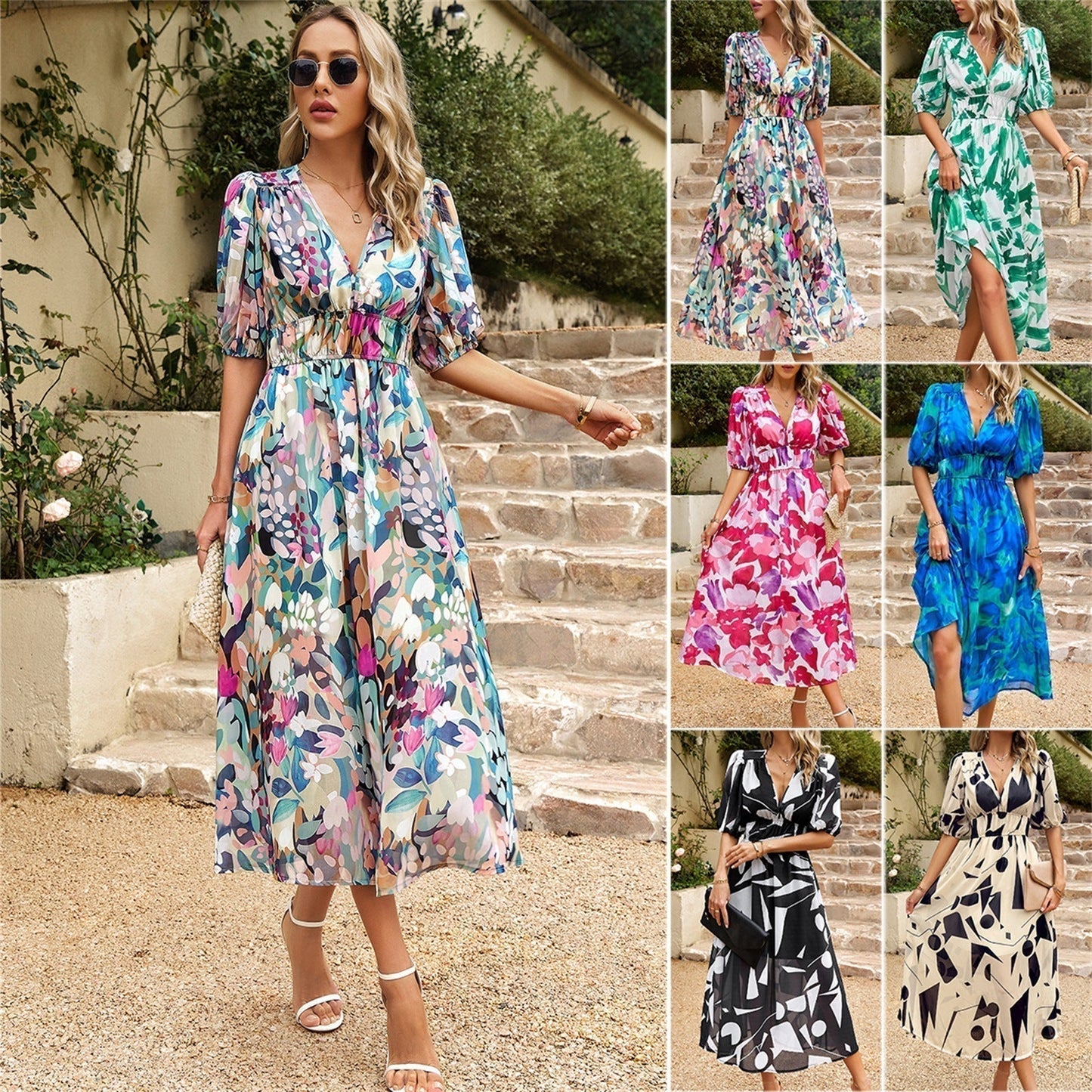 🥳Elegant waist V-neck Floral printed dress