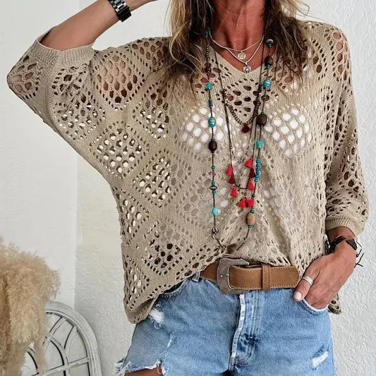 ✨Womens Bohemian-Inspired Beige Crochet Top with V-Neck