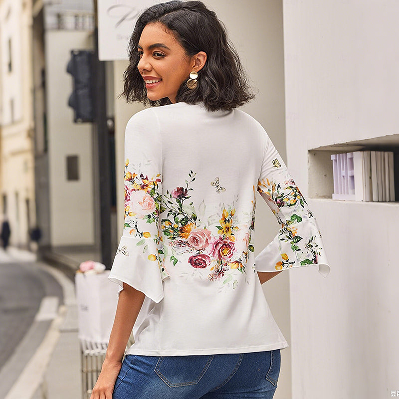 Women's Floral Button V-Neck Pleated 3/4 Sleeve T-Shirt