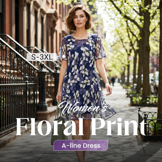 🌸Women's Floral A-Line Party Dress – Double-Layer Chiffon, Elegant Print & Knee-Length Fit 👗