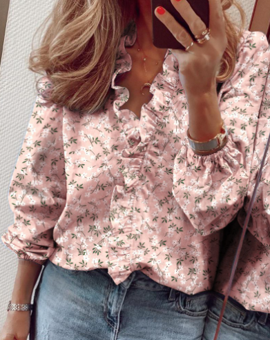 👚 Women's Ruffled Lantern Sleeve Shirt – Sweet, Loose Fit & Versatile (S–XL) 🍃