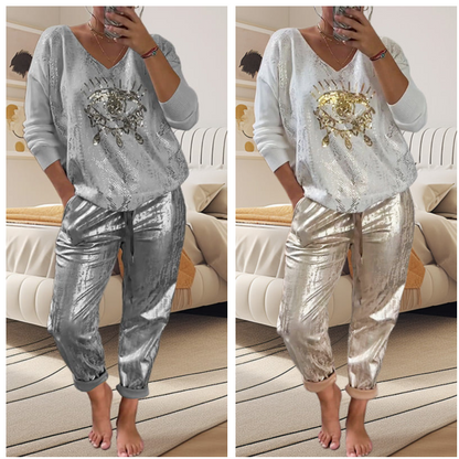 💥Free Shipping✈️Devil's Eye Gold Foil Top and Sequin Pants Set