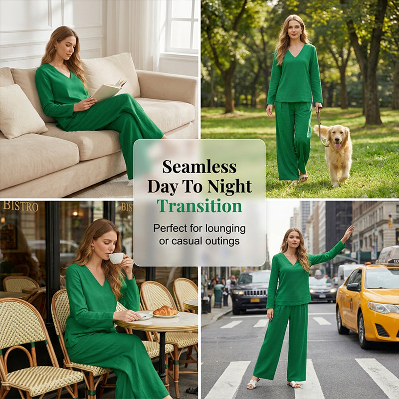 ✨ NEW! Women's V-Neck Lounge Set with Wide-Leg Pants