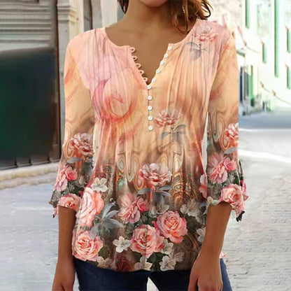 Women's Floral Button V-Neck Pleated 3/4 Sleeve T-Shirt