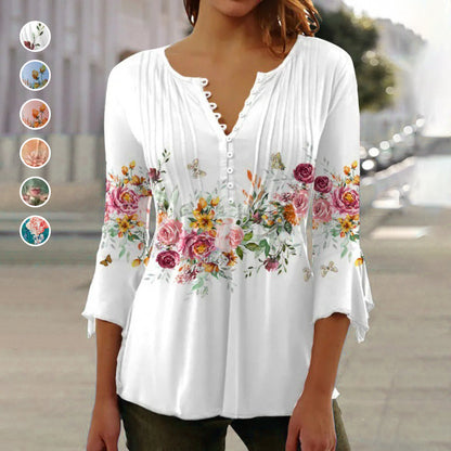 Women's Floral Button V-Neck Pleated 3/4 Sleeve T-Shirt