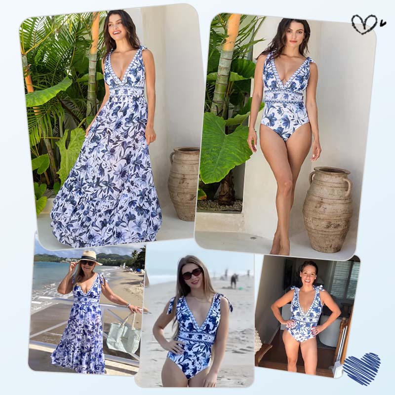 💥 V Neck Lace Up Printed One Piece Swimsuit and Skirt