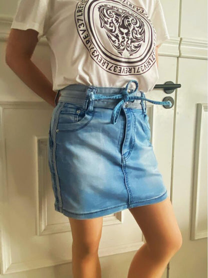 Contrast Binding Ripped Drawstring Denim Skorts