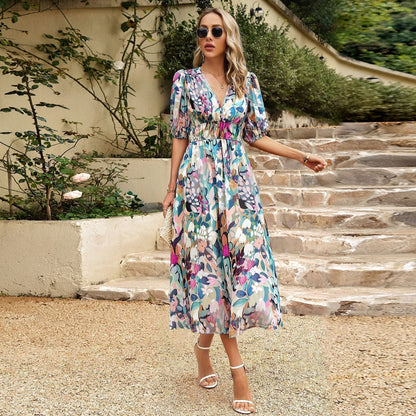 🥳Elegant waist V-neck Floral printed dress