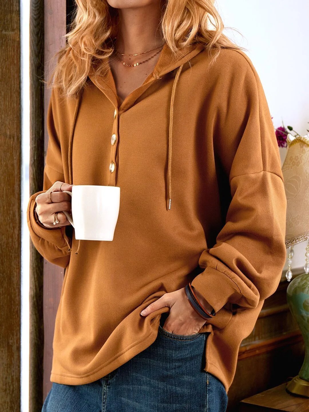 Vintage Solid Color Long Sleeve Buttoned Sweatshirt