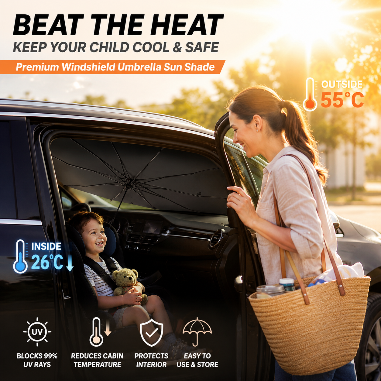 🔥Upgraded Car Windshield Sun Shade Umbrella