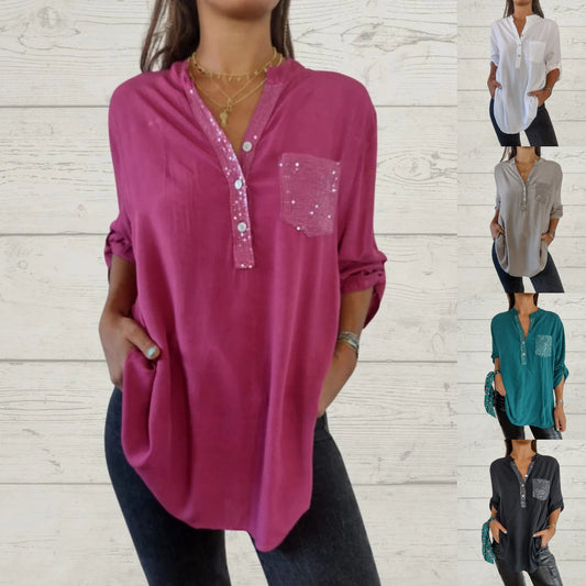 ⏳Limited Sale 39% OFF🌸Women's Sequin Patchwork V-neck Shirt