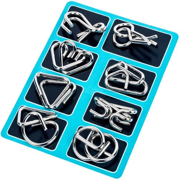 Metal Puzzle Ring Set (8-Piece) Blue Edition Brain Teaser Game