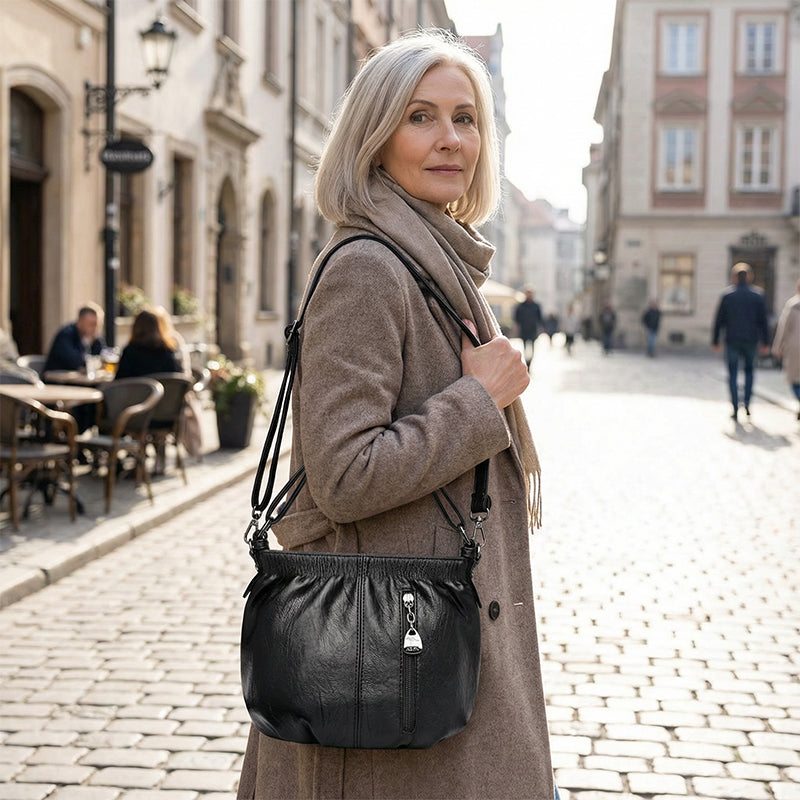 Casual Pleated Bucket Soft Leather Handbag Shoulder Bag