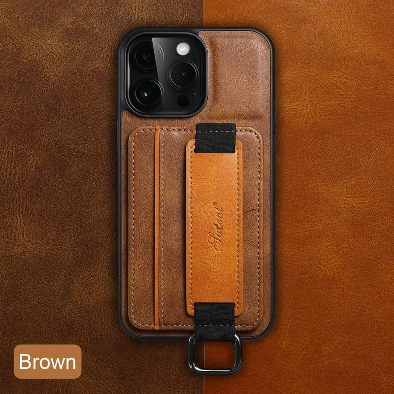 🔥(50% OFF for a limited time)🔥Luxury Leather iPhone Case with Card Slot and Wrist Strap