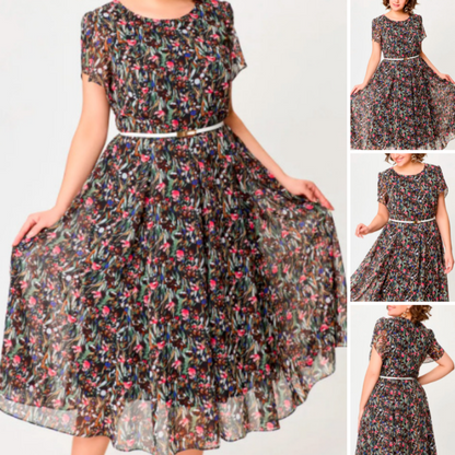 🔥 (30% OFF for a limited time)🎁Flowy Floral Dress with Delicate White Belt