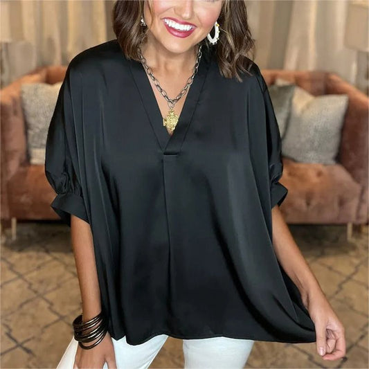 🔥New arrivals-39%OFF🔥Classic women's blouse in silk satin with a V-neckline and short sleeves