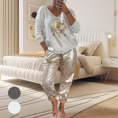 💥Free Shipping✈️Devil's Eye Gold Foil Top and Sequin Pants Set