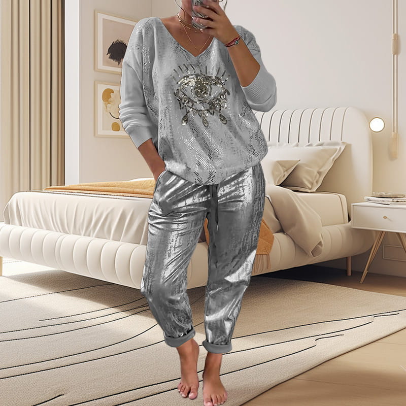 💥Free Shipping✈️Devil's Eye Gold Foil Top and Sequin Pants Set