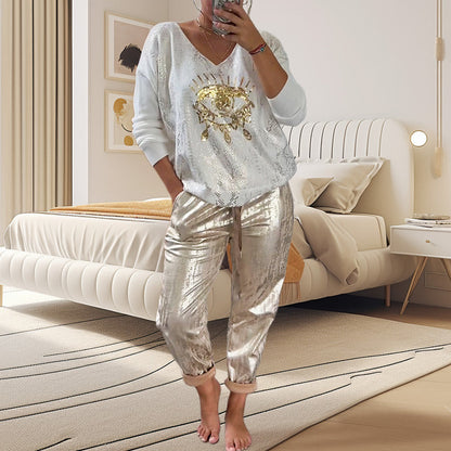 💥Free Shipping✈️Devil's Eye Gold Foil Top and Sequin Pants Set