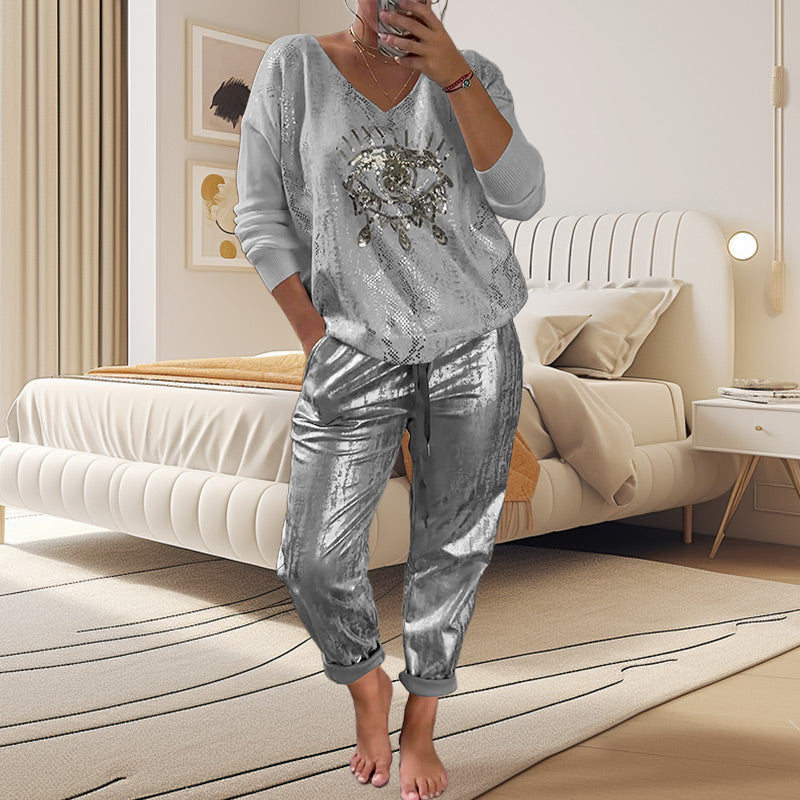 💥Free Shipping✈️Devil's Eye Gold Foil Top and Sequin Pants Set