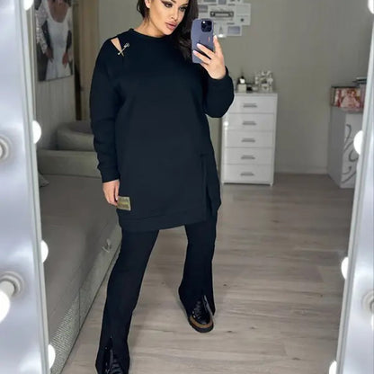 Stylish Round-Neck Side-Slit Long-Sleeve Loose Midi Dress ✨