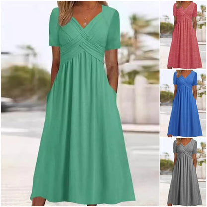 🍀Women’s V-Neck Short Sleeve Long Dresses