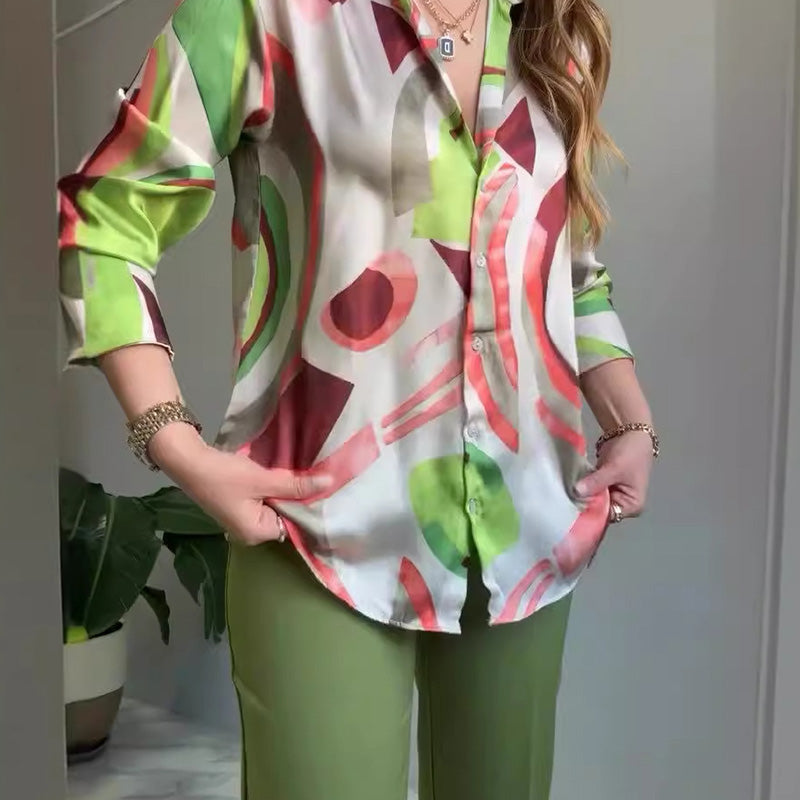 💐 Women's Printed Button-Up Shirt & Pants (High-end Fabric 2-Piece Set)
