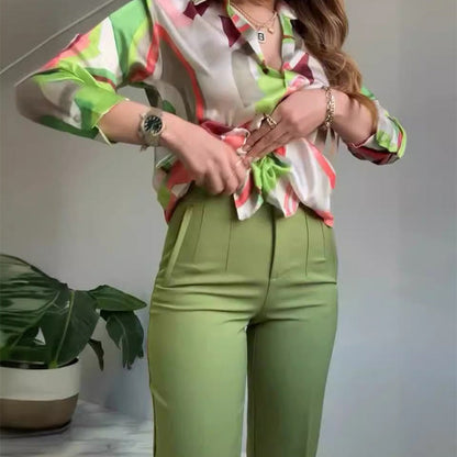 💐 Women's Printed Button-Up Shirt & Pants (High-end Fabric 2-Piece Set)