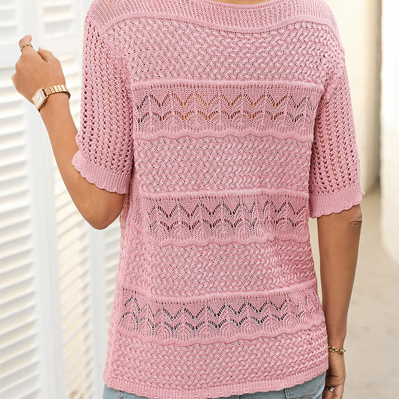 Women's Round Neck Hollow Knit Crochet Short Sleeve Sweater