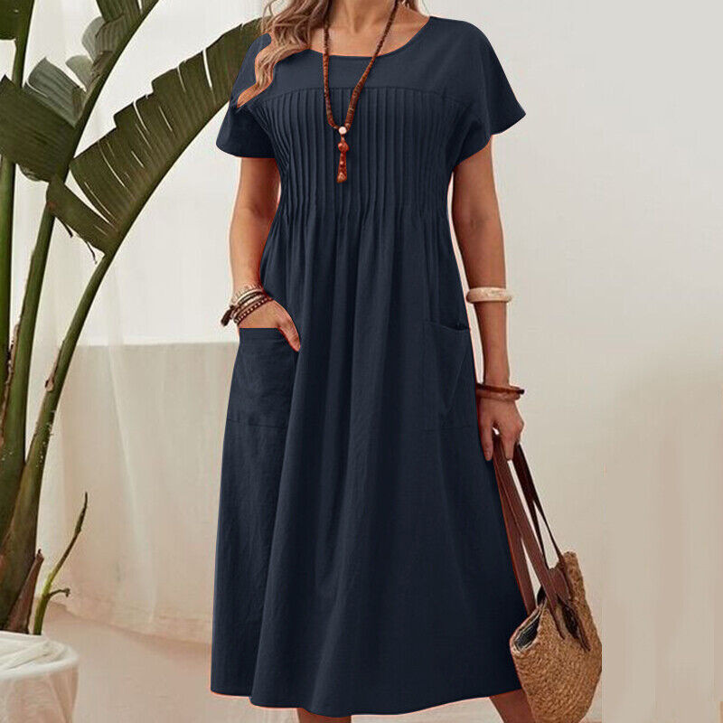 👗 Women’s Pleated Short-Sleeve Dress with Pockets – Soft Cotton-Linen Blend ☀️👜
