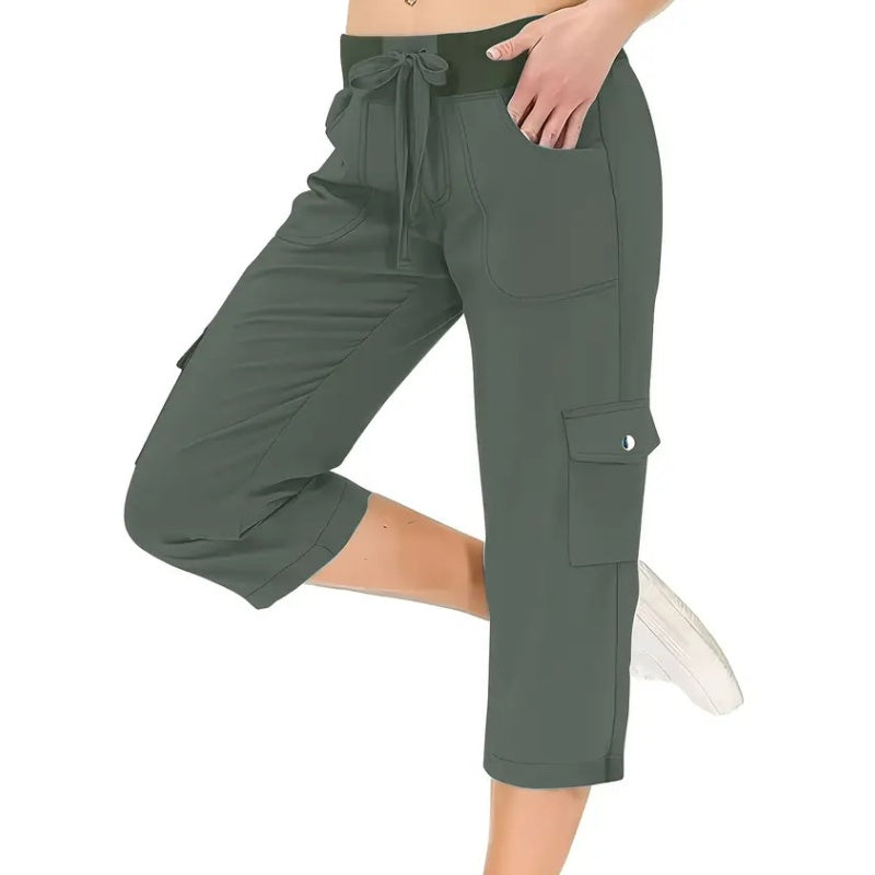 Women's Solid Color High-Waist Drawstring 3/4-Length Cargo Pants