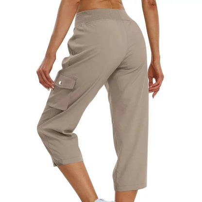 Women's Solid Color High-Waist Drawstring 3/4-Length Cargo Pants
