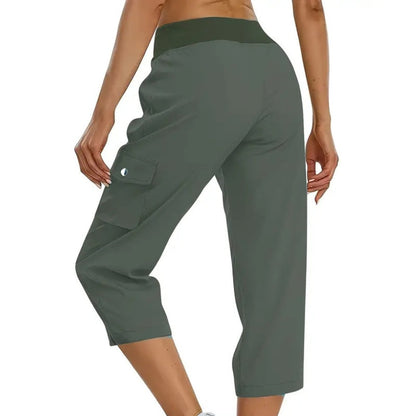 Women's Solid Color High-Waist Drawstring 3/4-Length Cargo Pants