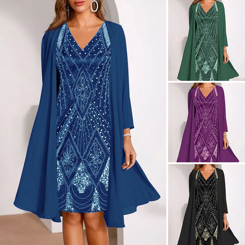 🔥Limited-Time Offer-Women's Long-Sleeve Printed Dress & Cardigan 2 Piece Set