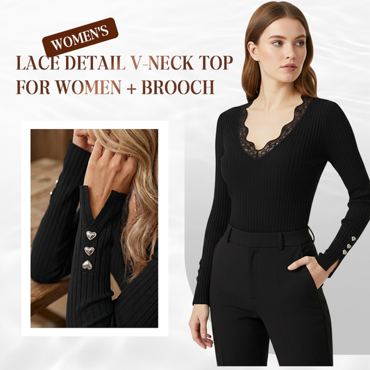 Value Bundle: Lace Detail V-Neck Top for Women + Brooch