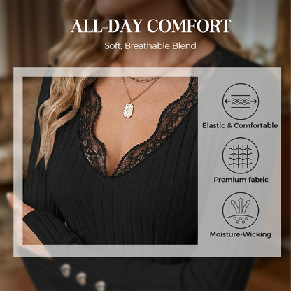 Value Bundle: Lace Detail V-Neck Top for Women + Brooch
