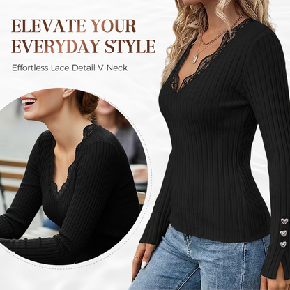 Value Bundle: Lace Detail V-Neck Top for Women + Brooch