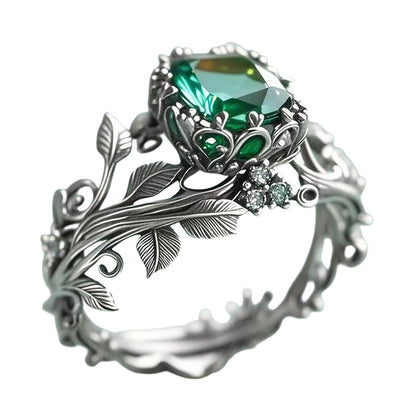 ✨💖Green Synthetic Crystal Ring with Intricate Leaf💍